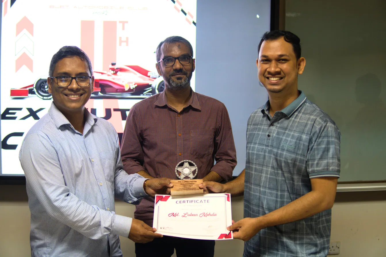 Receiving a certificate of appreciation as Vice President of the BUET Automobile Club